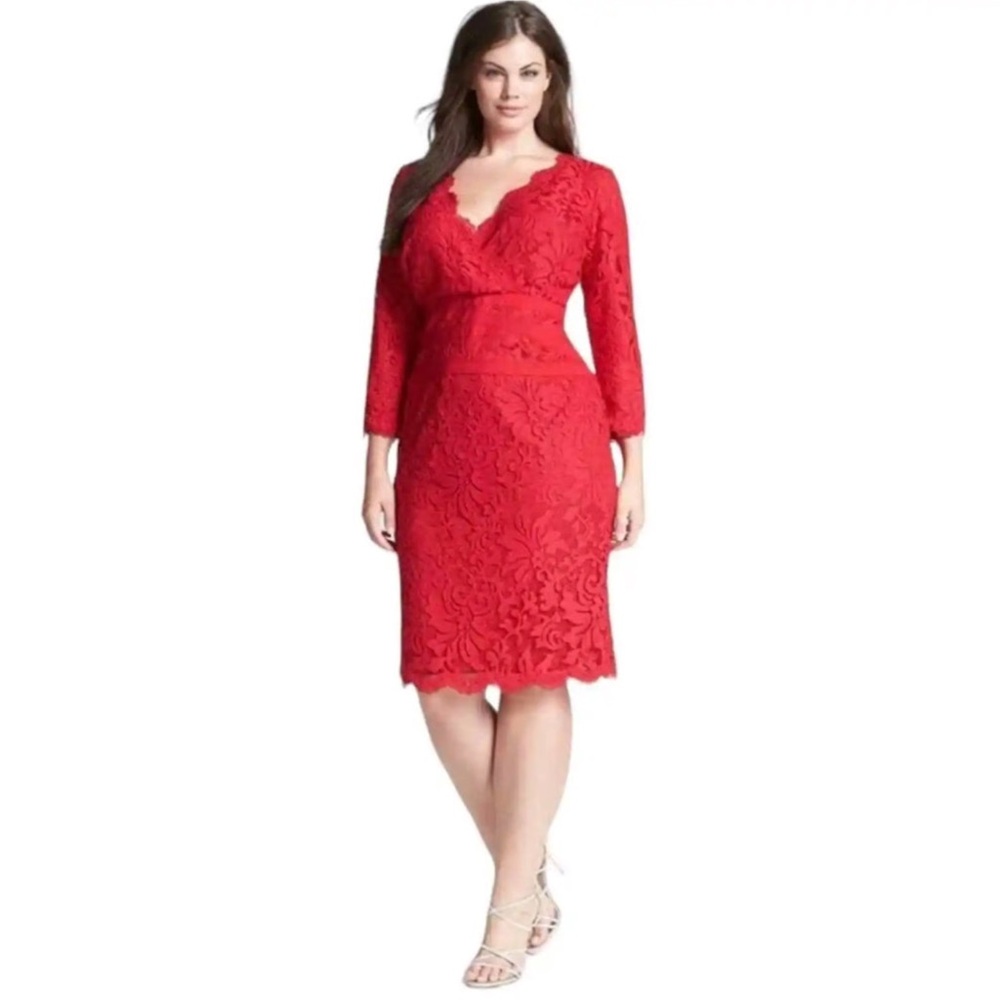 Tadashi Shoji 8 Lace Red Lace 3/4 Sleeve Sheath Dress Valentines Romantic - Picture 2 of 13